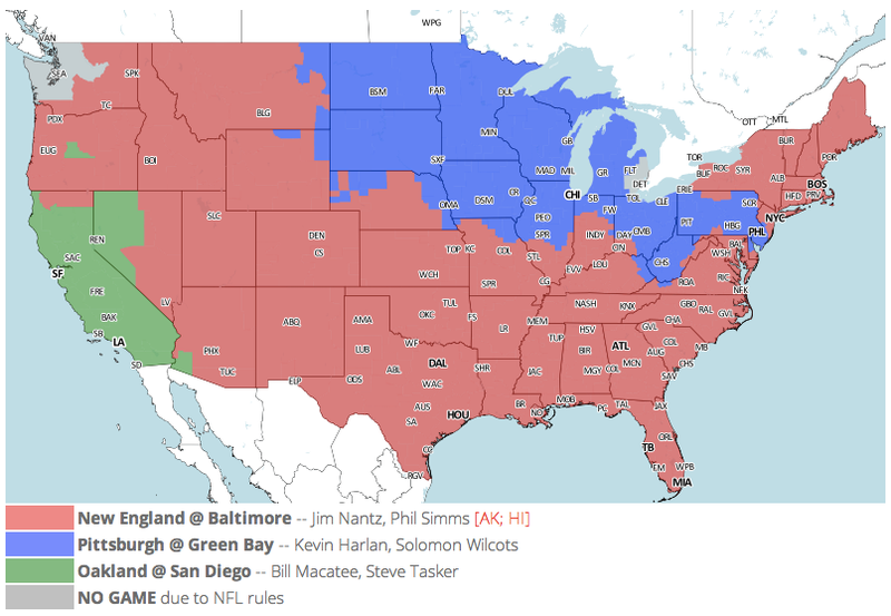 Illustration for article titled Which TV Market's Getting Screwed Today? Your Week 16 NFL Viewing Maps